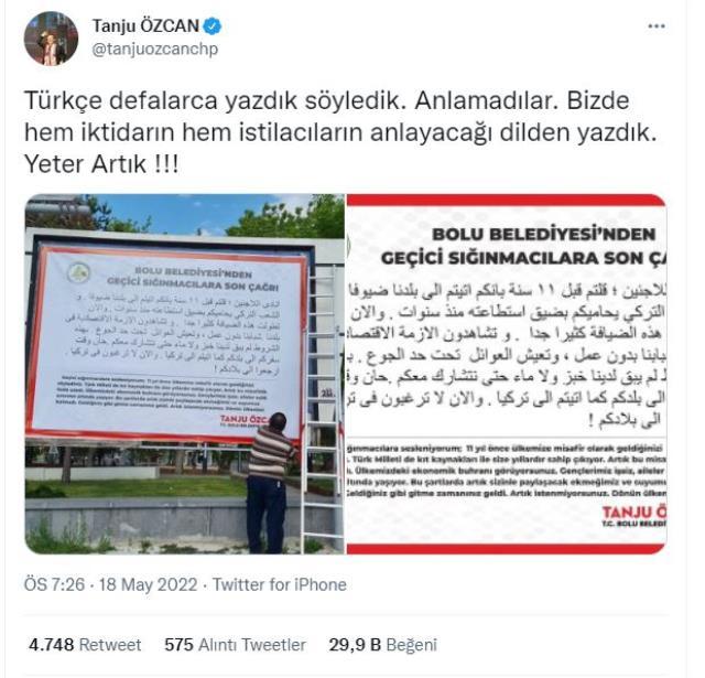 Tanju Özcan, Bolu sokaklarına Arapça ilan astırarak sığınmacılara seslendi: Dönün artık ülkenize Tanju Özcan, Bolu sokaklarına Arapça ilan astırarak sığınmacılara seslendi: Dönün artık ülkenize