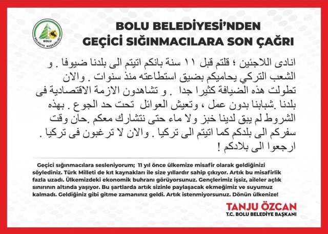 Tanju Özcan, Bolu sokaklarına Arapça ilan astırarak sığınmacılara seslendi: Dönün artık ülkenize Tanju Özcan, Bolu sokaklarına Arapça ilan astırarak sığınmacılara seslendi: Dönün artık ülkenize