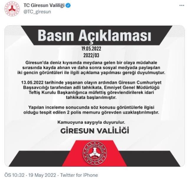Sahilde uygunsuz görüntülenen gençlerle ilgili Giresun Valiliği'nden açıklama: 2 polis görevden alındı Sahilde uygunsuz görüntülenen gençlerle ilgili Giresun Valiliği'nden açıklama: 2 polis görevden alındı