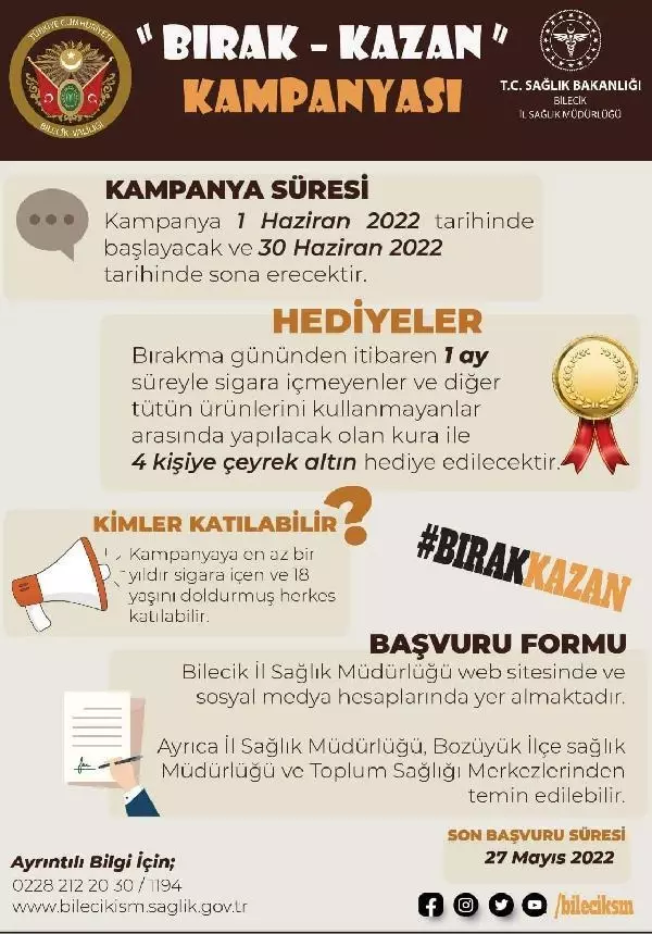 Bilecik'te sigarayı bırakan 4 kişiye çeyrek altın hediye edilecek