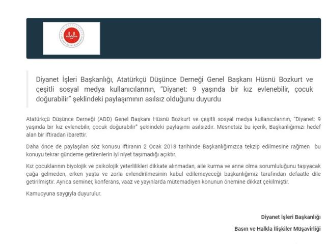 Diyanet İşleri Başkanlığı'nın '9 yaşındaki kız çocuğunun evlenebileceği ve çocuk doğurabileceği' yönünde açıklama yaptığı iddiası