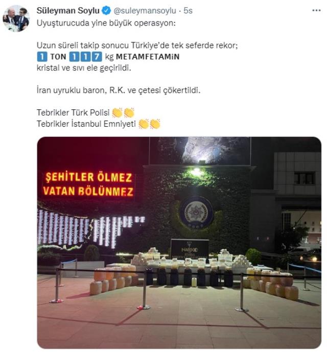 Bakan Soylu 'Türkiye rekoru' diye duyurdu: 1 ton 117 kg metamfetamin kristal ve sıvı ele geçirildi
