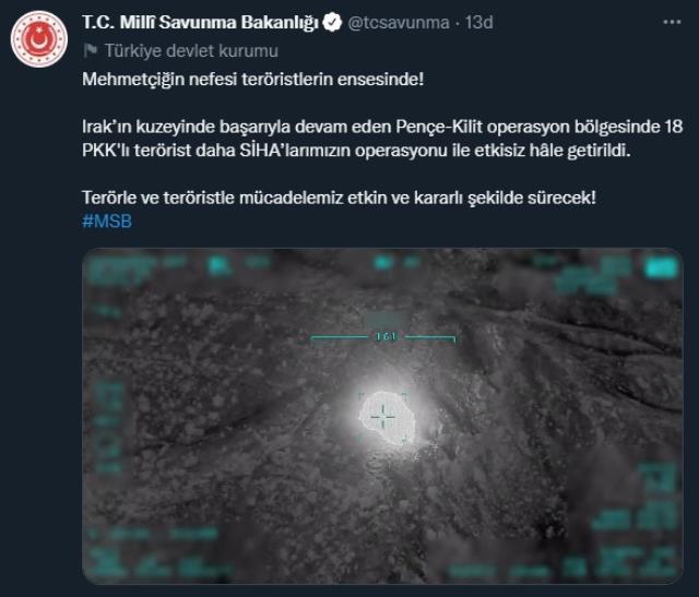 Son Dakika: Pençe-Kilit operasyon bölgesinde 18 PKK'lı terörist SİHA'lar tarafından etkisiz hale getirildi Son Dakika: Pençe-Kilit operasyon bölgesinde 18 PKK'lı terörist SİHA'lar tarafından etkisiz hale getirildi