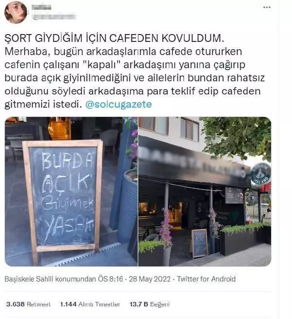 'Açık giyinmek yasaktır' yazısı olan kafede şort giyen genç kızları dışarı çıkartan personelin işine son verildi 'Açık giyinmek yasaktır' yazısı olan kafede şort giyen genç kızları dışarı çıkartan personelin işine son verildi