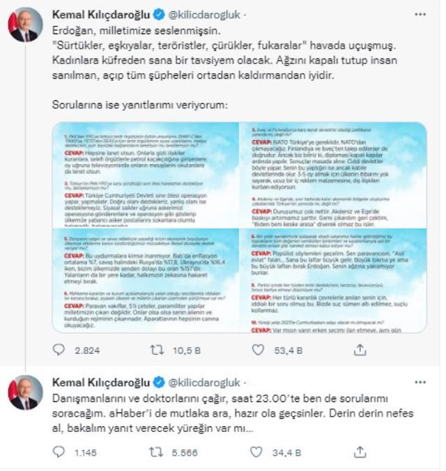 Kılıçdaroğlu, Cumhurbaşkanı Erdoğan'ın bugün kendisine yönelttiği 10 soruya tek tek yanıt verdi