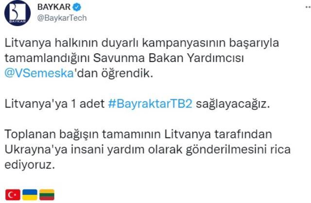 Baykar'dan Litvanya'ya ücretsiz SİHA: Topladığınız bağışları Ukrayna'ya göndermenizi rica ediyoruz