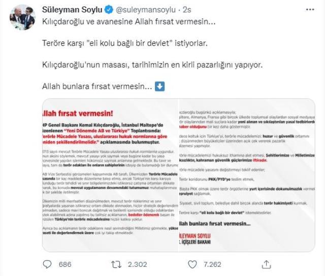 İçişleri Bakanı Soylu'dan Kılıçdaroğlu'na tepki: Allah bunlara fırsat vermesin