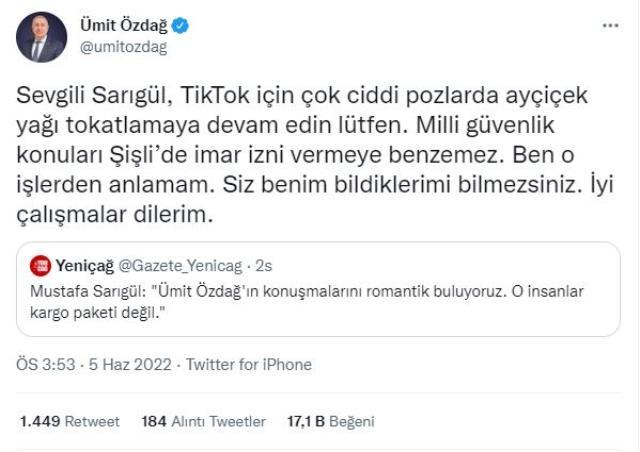 Ümit Özdağ'dan 'Sığınmacılar kargo paketi değil' diyen Mustafa Sarıgül'e yanıt: Ayçiçek yağı tokatlamaya devam et