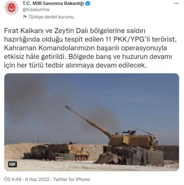 Fırat Kalkanı ve Zeytin Dalı bölgelerinde 11 terörist etkisiz hale getirildi