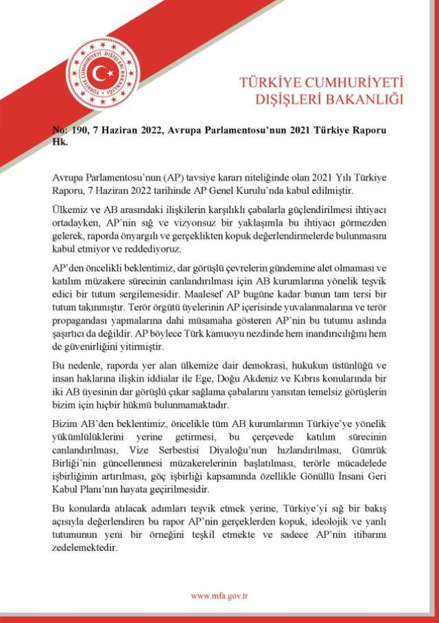 Dışişleri Bakanlığı: 'AP'nin sığ ve vizyonsuz bir yaklaşımla (Türkiye'ye ilişkin) raporda ön yargılı ve gerçeklikten kopuk değerlendirmelerde... Dışişleri Bakanlığı: 'AP'nin sığ ve vizyonsuz bir yaklaşımla (Türkiye'ye ilişkin) raporda ön yargılı ve gerçeklikten kopuk değerlendirmelerde...