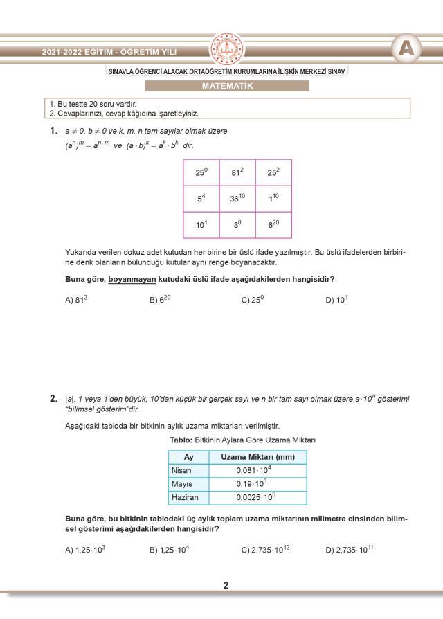 LGS 2022 Matematik soru ve cevapları! MEB 2022 LGS Matematik (Sayısal) soruları ve cevapları nedir? 2022 LGS Matematik cevap anahtarı!
