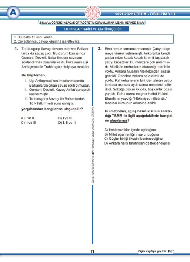 LGS 2022 Tarih, Din Kültürü, İngilizce soru ve cevapları! MEB 2022 LGS Tarih, Din Kültürü, İngilizce (Sözel) soruları ve cevapları nedir?