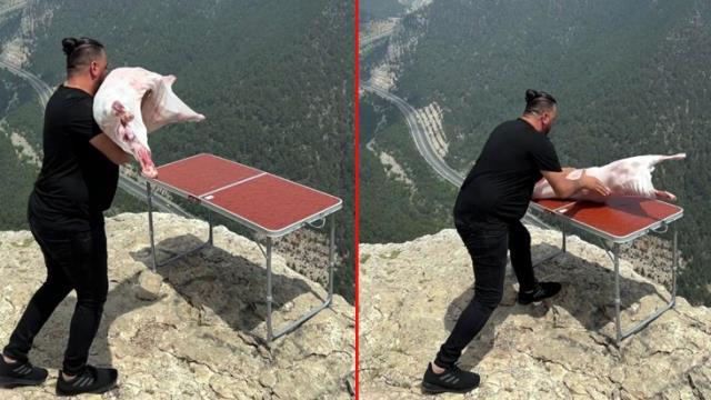 Çekim için götürdüğü kuzuyu bin 650 metreden böyle düşürdü