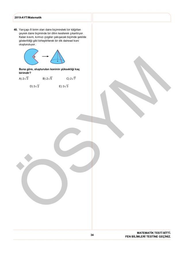 2019 AYT Matematik Soruları PDF: 2019 AYT soruları ve cevapları