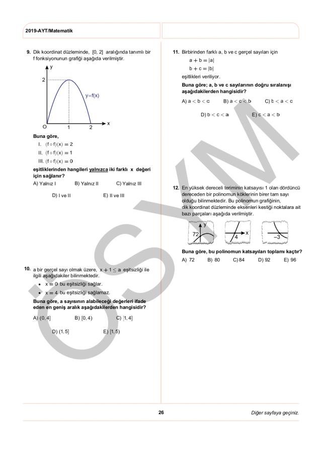 2019 AYT Matematik Soruları PDF: 2019 AYT soruları ve cevapları