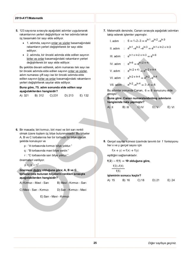 2019 AYT Matematik Soruları PDF: 2019 AYT soruları ve cevapları