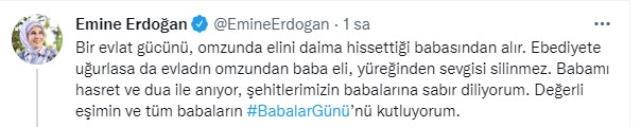 Emine Erdoğan'dan Babalar Günü mesajı: Evladın omzundan baba eli, yüreğinden sevgisi silinmez