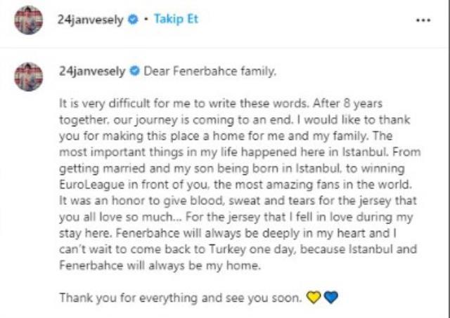 Jan Vesely, Fenerbahçe Beko'dan ayrıldığını açıkladı! Sosyal medya hesabından veda mesajı yayınladı Jan Vesely, Fenerbahçe Beko'dan ayrıldığını açıkladı! Sosyal medya hesabından veda mesajı yayınladı