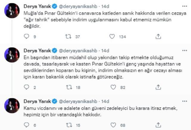 Son Dakika: Pınar Gültekin'in katiline verilen indirimden Bakan Yanık'ta rahatsız: Kabul edilemez, istinafa götüreceğiz