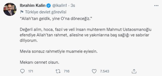 Cumhurbaşkanı Erdoğan'dan İsmailağa Cemaati lideri Mahmut Ustaosmanoğlu için taziye mesajı Cumhurbaşkanı Erdoğan'dan İsmailağa Cemaati lideri Mahmut Ustaosmanoğlu için taziye mesajı