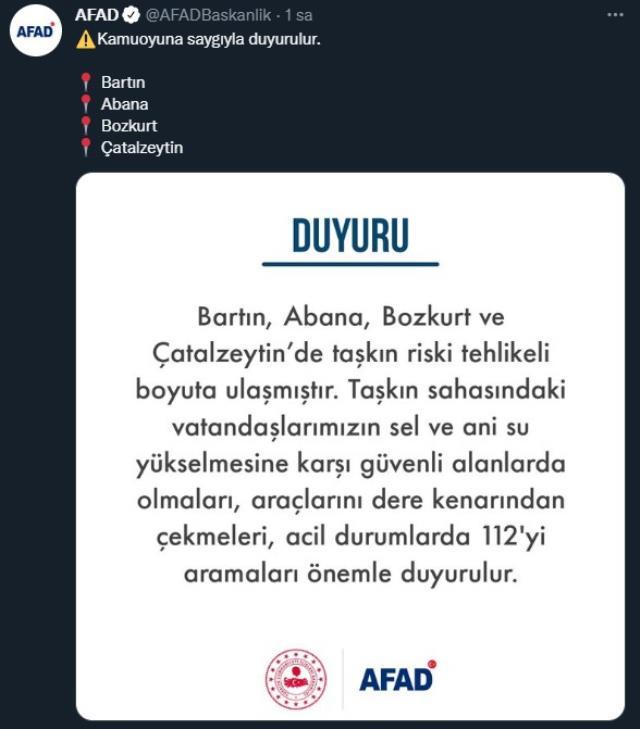 AFAD'dan Bartın, Abana, Bozkurt ve Çatalzeytin'e uyarı: Taşkın riski tehlikeli boyuta ulaştı