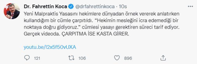 Bakan Koca: Kullandığım 'Hekimin mesleğini icra edemediği bir noktaya doğru gidiyoruz' cümlesi çarpıtıldı