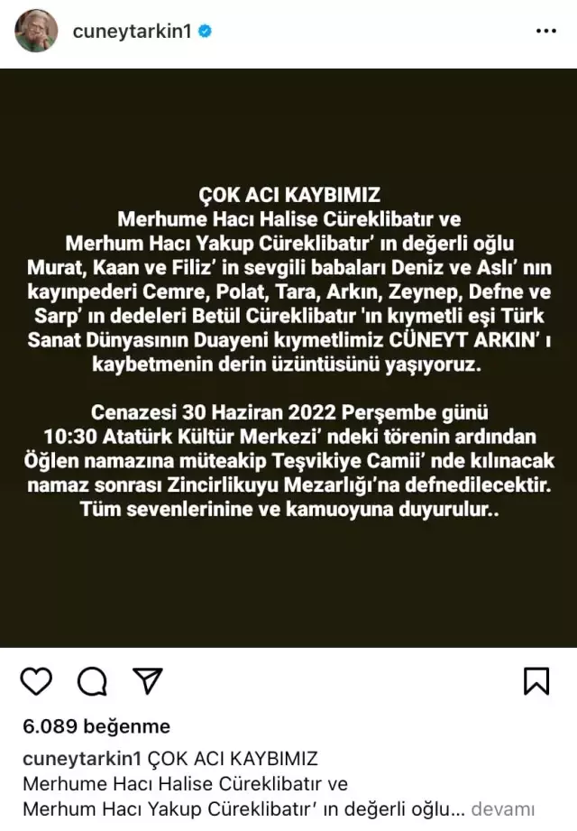 Cüneyt Arkın, 30 Haziran'da son yolculuğuna uğurlanacak