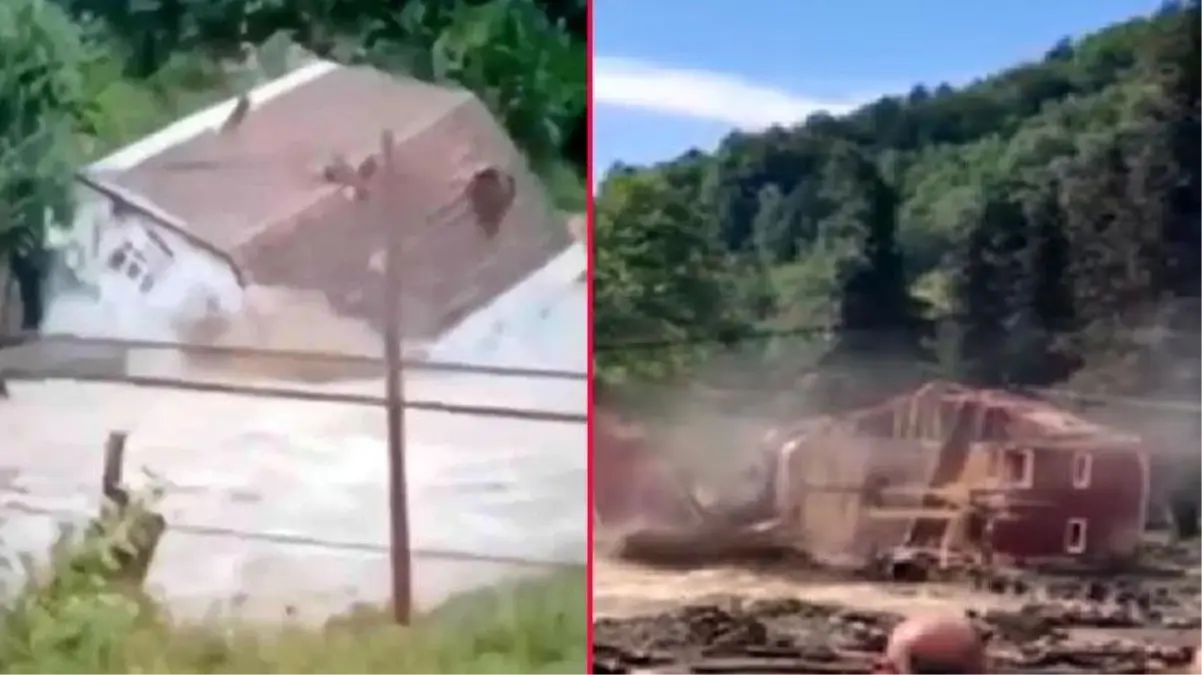 Görüntü Kastamonu'dan! Sular, önüne kattığı bina ve camiyi böyle götürdü