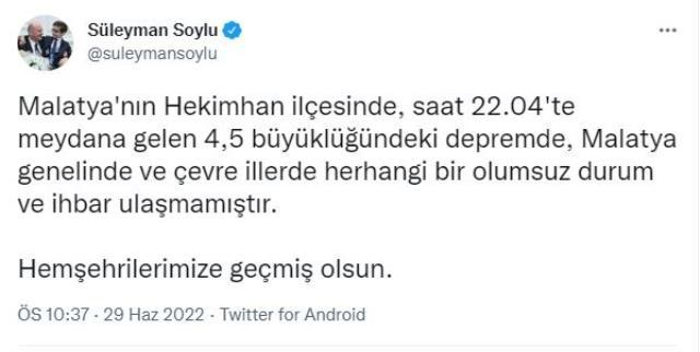 Son dakika: Malatya'da 4.5 büyüklüğünde deprem meydana geldi