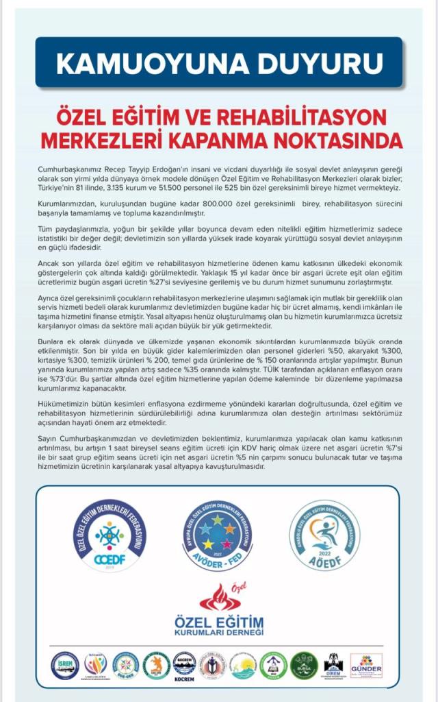 Kapanma noktasına gelen özel eğitim ve rehabilitasyon merkezleri seslerinin duyulmasını istiyor