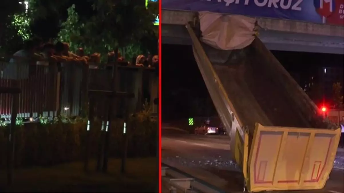 Tırın damperi üst geçide takıldı! İlginç manzarayı gören vatandaşlar sokağa koştu