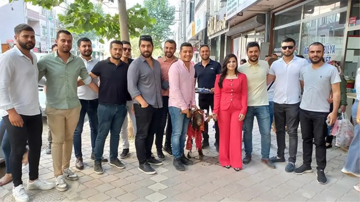 Altın takıp meyvelerle süslediği kurbanlık koçu, davul zurnayla nişanlısına götürdü