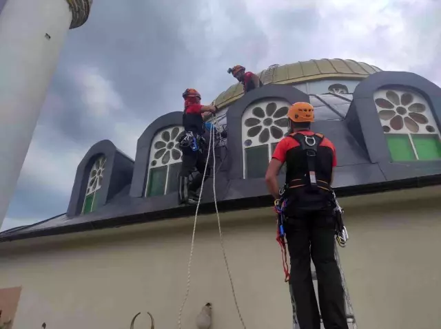 Cami kubbesindeki yuvadan düşen yavru leyleğe müthiş kurtarma Cami kubbesindeki yuvadan düşen yavru leyleğe müthiş kurtarma