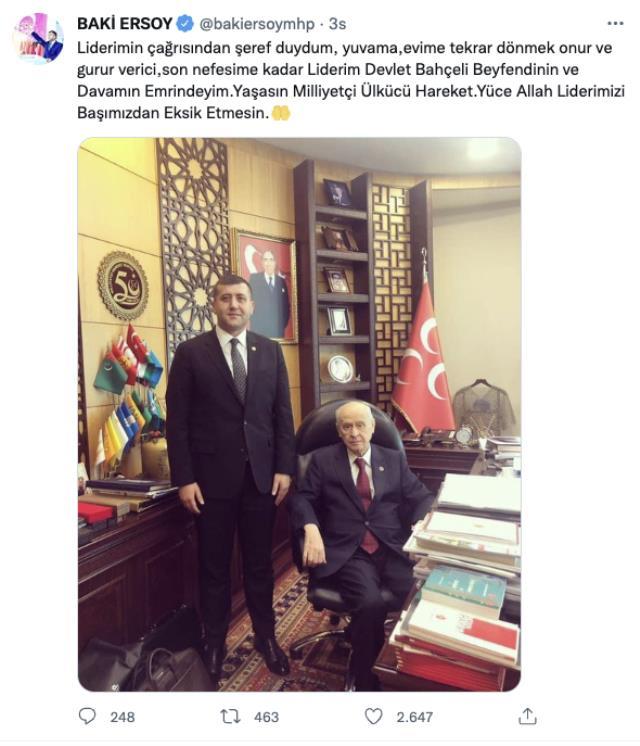 MHP'den istifa eden Baki Ersoy, Bahçeli'nin yeniden davetine cevap verdi: Şeref duydum MHP'den istifa eden Baki Ersoy, Bahçeli'nin yeniden davetine cevap verdi: Şeref duydum