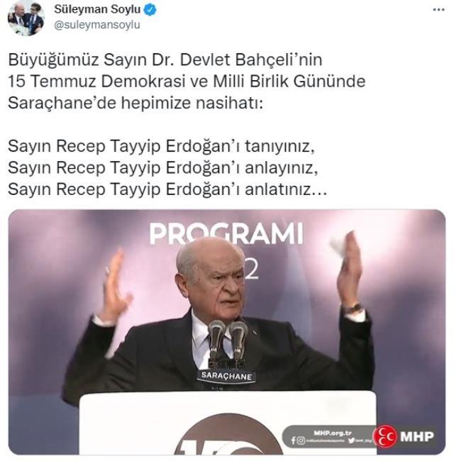 Bakan Soylu, konuşma metninin dışına çıkan Bahçeli'nin Erdoğan'la ilgili sözlerini paylaştı