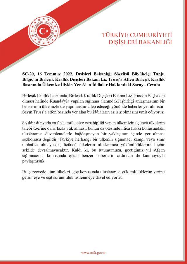 İngiltere'nin Türkiye'yi Ruanda planına dahil etmek istemesine Dışişleri'nden tepki: Türkiye, herhangi bir ülkenin sığınmacı kampı olmayacak İngiltere'nin Türkiye'yi Ruanda planına dahil etmek istemesine Dışişleri'nden tepki: Türkiye, herhangi bir ülkenin sığınmacı kampı olmayacak
