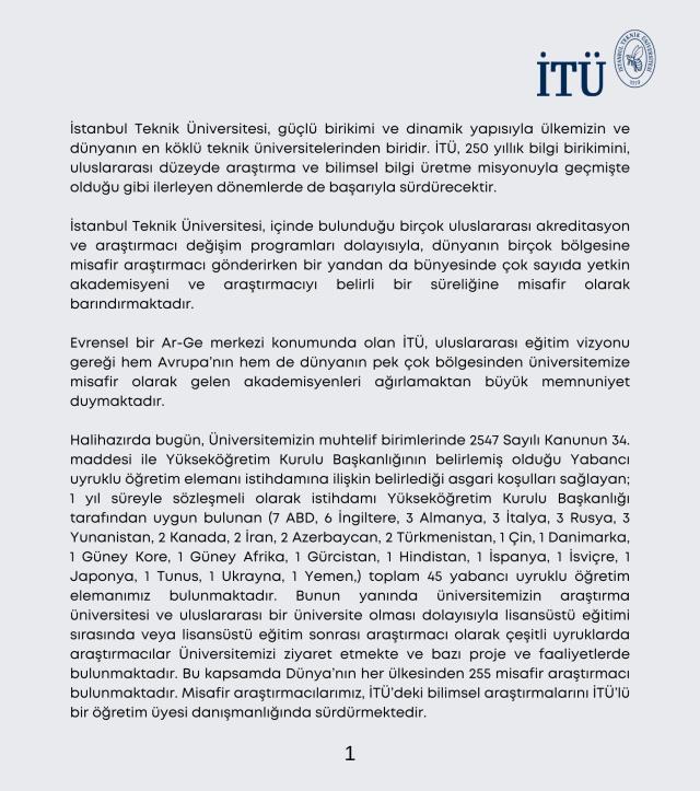 İTÜ'den misafir araştırmacılara ilişkin açıklama Açıklaması