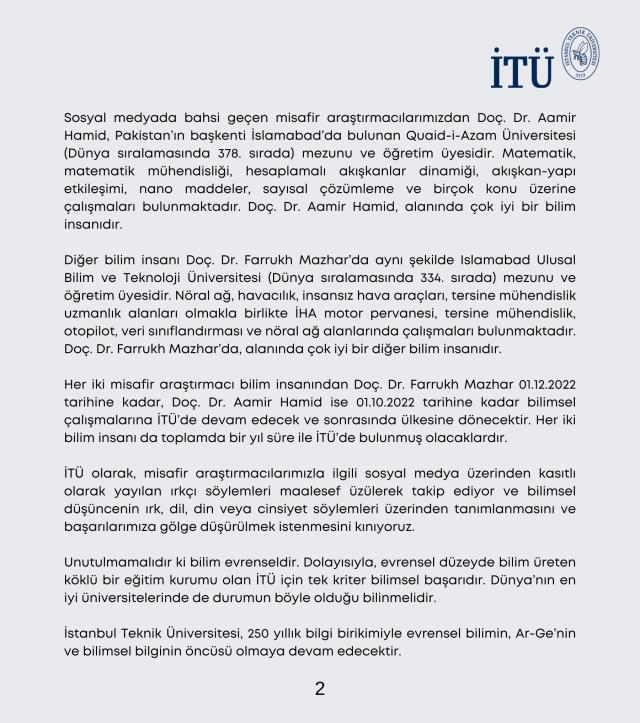 İTÜ'den misafir araştırmacılara ilişkin açıklama Açıklaması