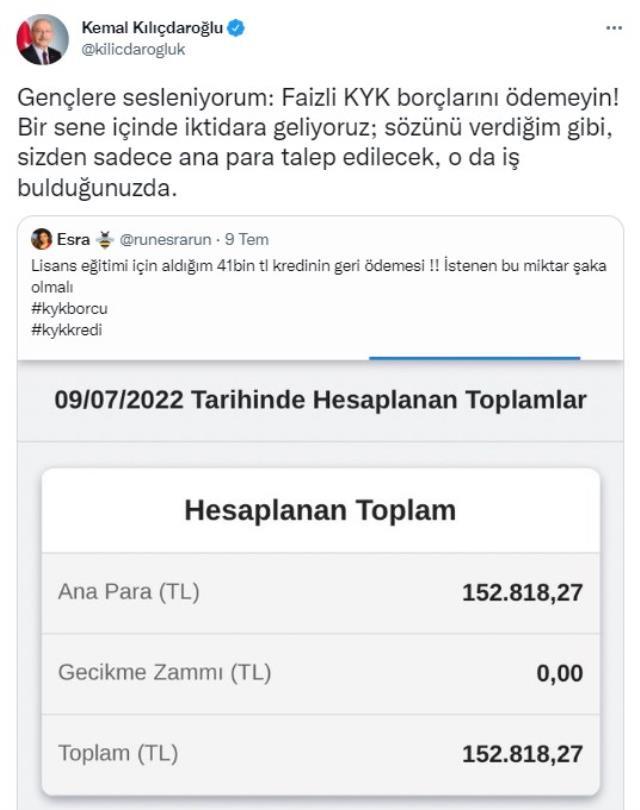 Cumhurbaşkanı Erdoğan'ın KYK faizlerine yönelik açıklamasının ardından Kılıçdaroğlu'ndan hükümete bomba gönderme