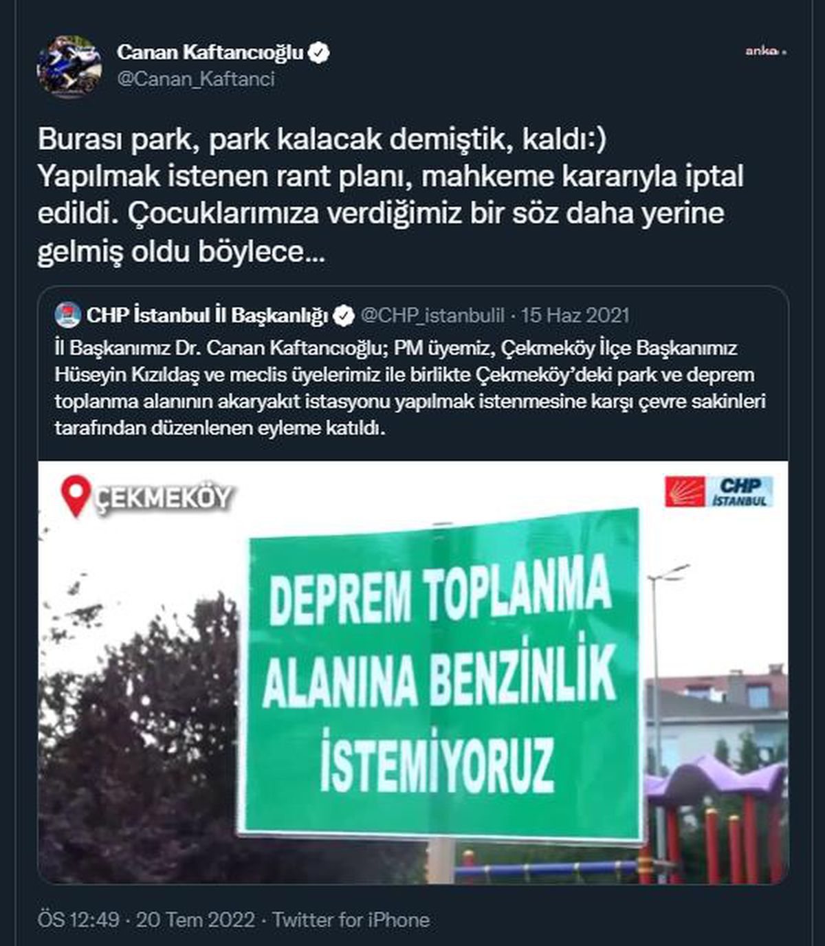 Kaftancıoğlu'ndan Çekmeköyde Yıkımı Durdurulan Park Açıklaması: 'Park Kalacak Demiştik, Kaldı'