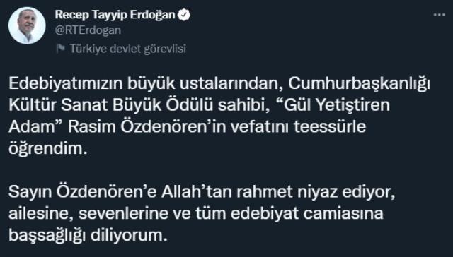 Cumhurbaşkanı Erdoğan'dan, Özdenören için taziye paylaşımı