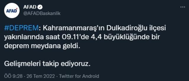Son Dakika: Kahramanmaraş'ta 4,4 büyüklüğünde deprem
