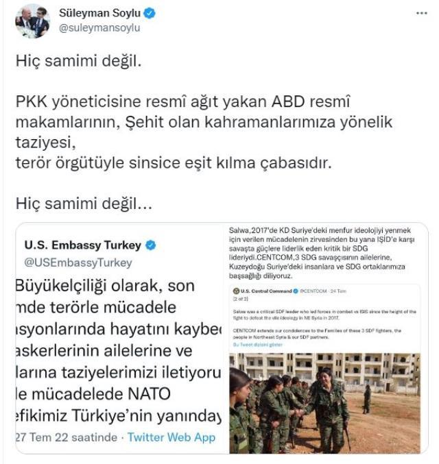 Bakan Soylu'dan önce teröristler sonra da şehitlerimiz için taziye mesajı yayınlayan ABD'ye sert tepki: Hiç samimi değil