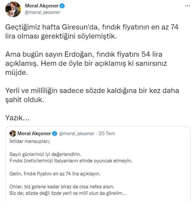 Akşener'den Cumhurbaşkanı Erdoğan'ın açıkladığı fındık alım fiyatına tepki: Sanırsınız müjde