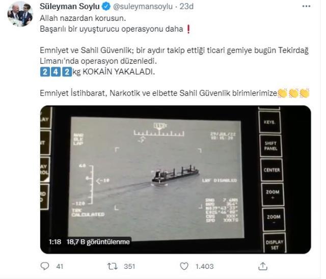 Bakan Soylu: 'Tekirdağ Limanı'nda ticari gemiye düzenlenen operasyonla 242 kg kokain yakalandı'