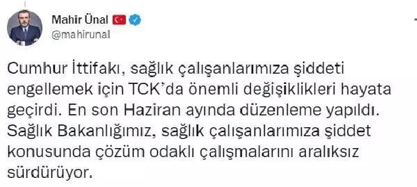AK Parti'li Ünal: Bakanlığımız, sağlık çalışanlarımıza şiddeti engelleme konusunda çalışmalarını sürdürüyor