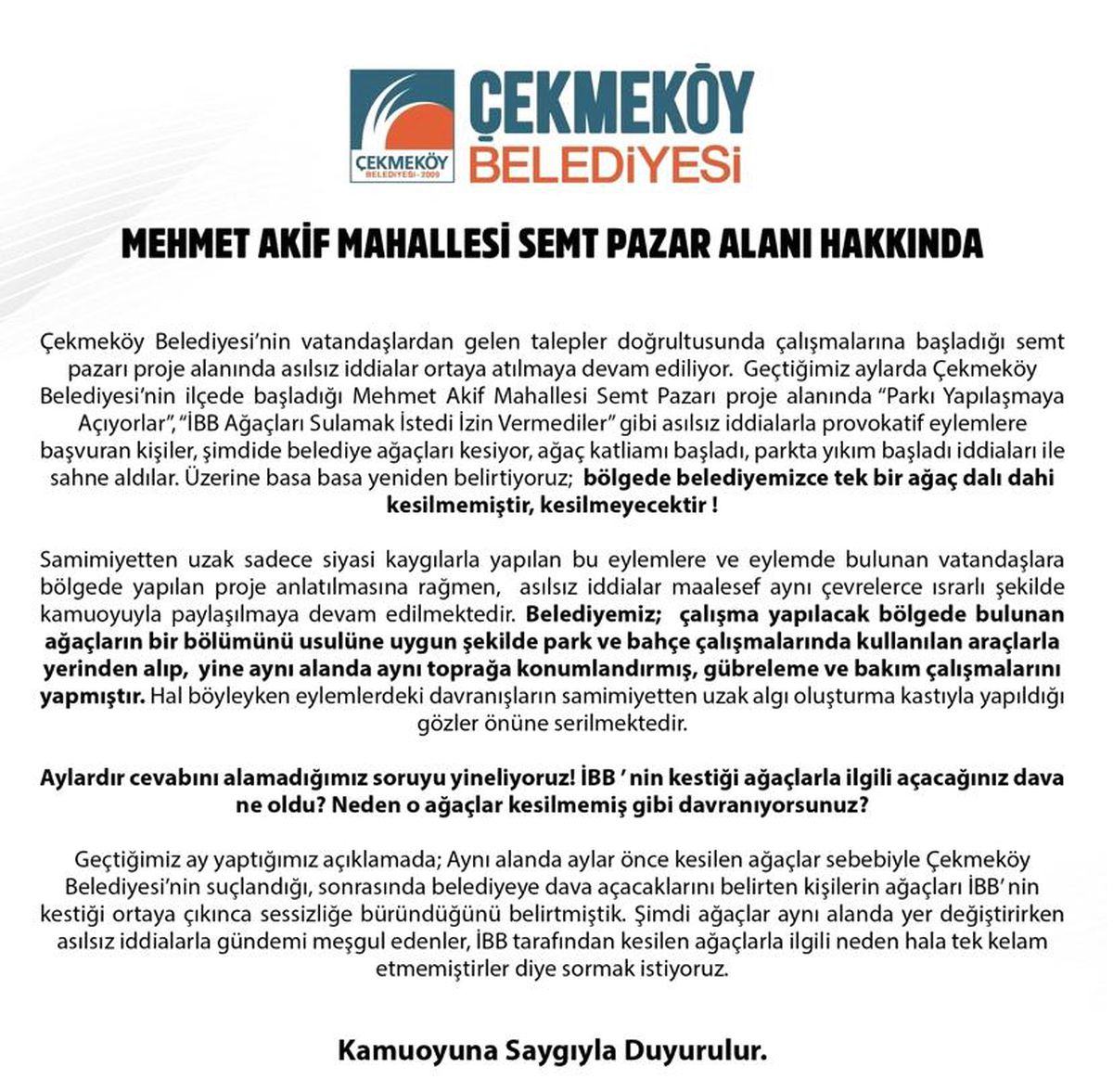 Çekmeköy Belediyesinden 'ağaçlar kesiliyor' iddialarına yalanlama