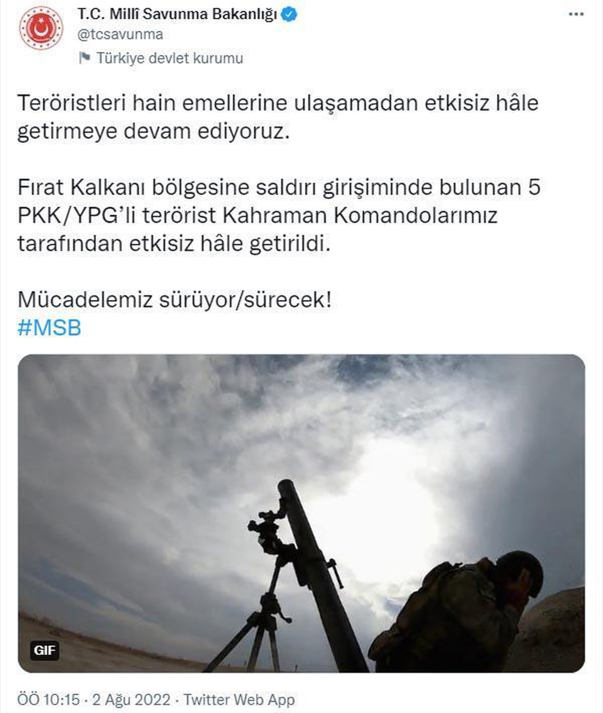 Son dakika haberleri! Fırat Kalkanı bölgesinde PKK/YPG'li 5 terörist etkisiz hale getirildi