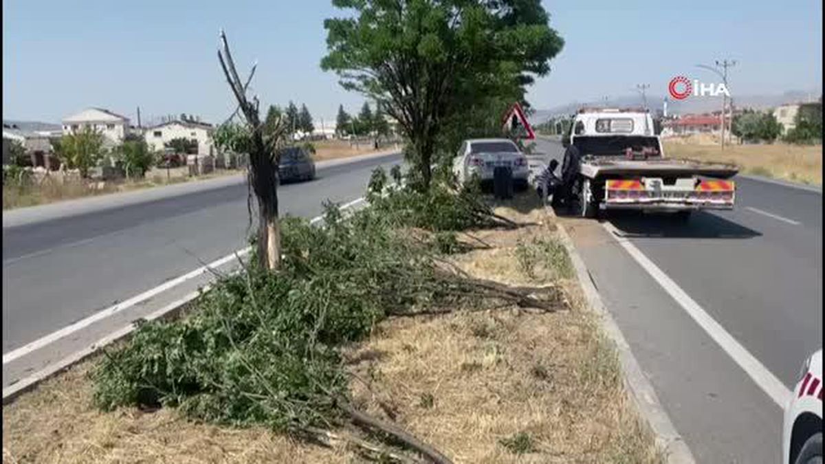 Refüje çıkıp ağaçları yıkan otomobilde anne ve oğlu yaralandı