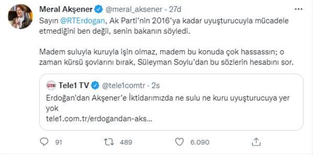 Akşener, Cumhurbaşkanı Erdoğan'ın 'Uyuşturucunun iktidarımızda yeri yok' ifadesine Bakan Soylu'nun sözüyle yanıt verdi